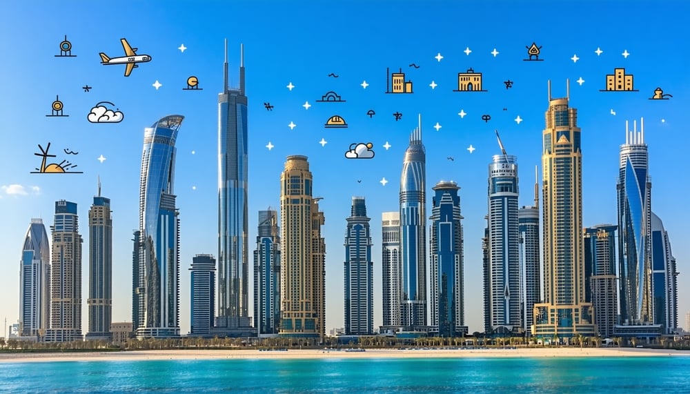 Dubai skyline with travel icons Dubai skyline with travel icons